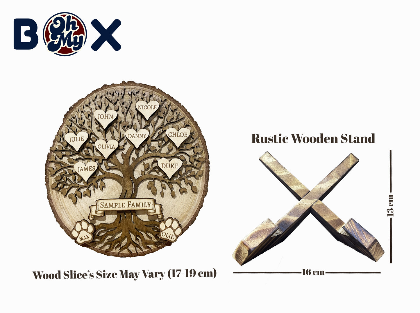 Wooden family tree decoration with rustic wooden stand and product dimensions on a white background.