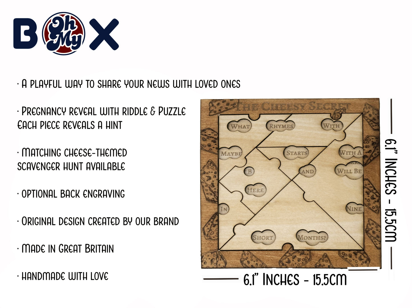 Wooden puzzle box with riddle and puzzle, featuring Oh My Box branding and product details.