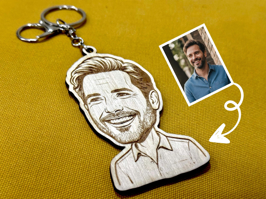 Personalised Caricature Photo Keychain | Custom Engraved Wooden Bobblehead Keyring Gift