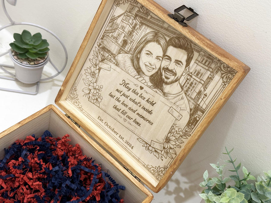 Custom Photo Engraved Wooden Memory Box | Personalised Keepsake Box | Anniversary, Wedding, Couple Gift