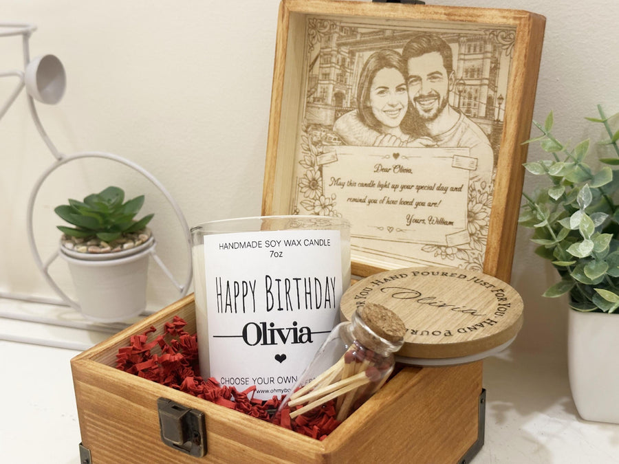 Personalised Engraved Wooden Box with Soy Candle, Custom Photo Memory Gift & Keepsake