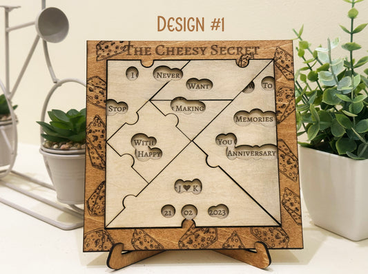 Personalised Anniversary Puzzle Romantic Gift for Couples & Cheese-Themed Scavenger Hunt | Handcrafted Wooden Keepsake