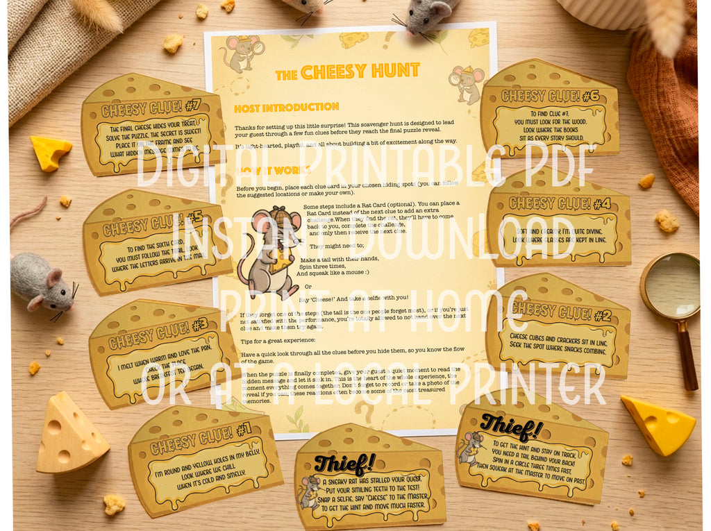 Cheesy Romantic Scavenger Hunt game cards and instructions on a wooden surface with cheese and mice decorations.