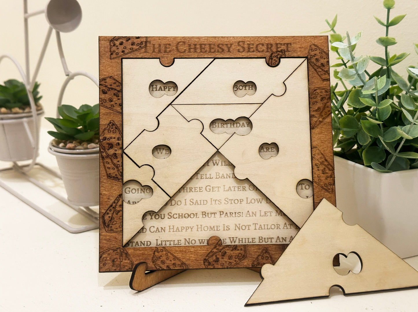 Custom birthday Wooden puzzle with personalized engraved text for holiday announcement