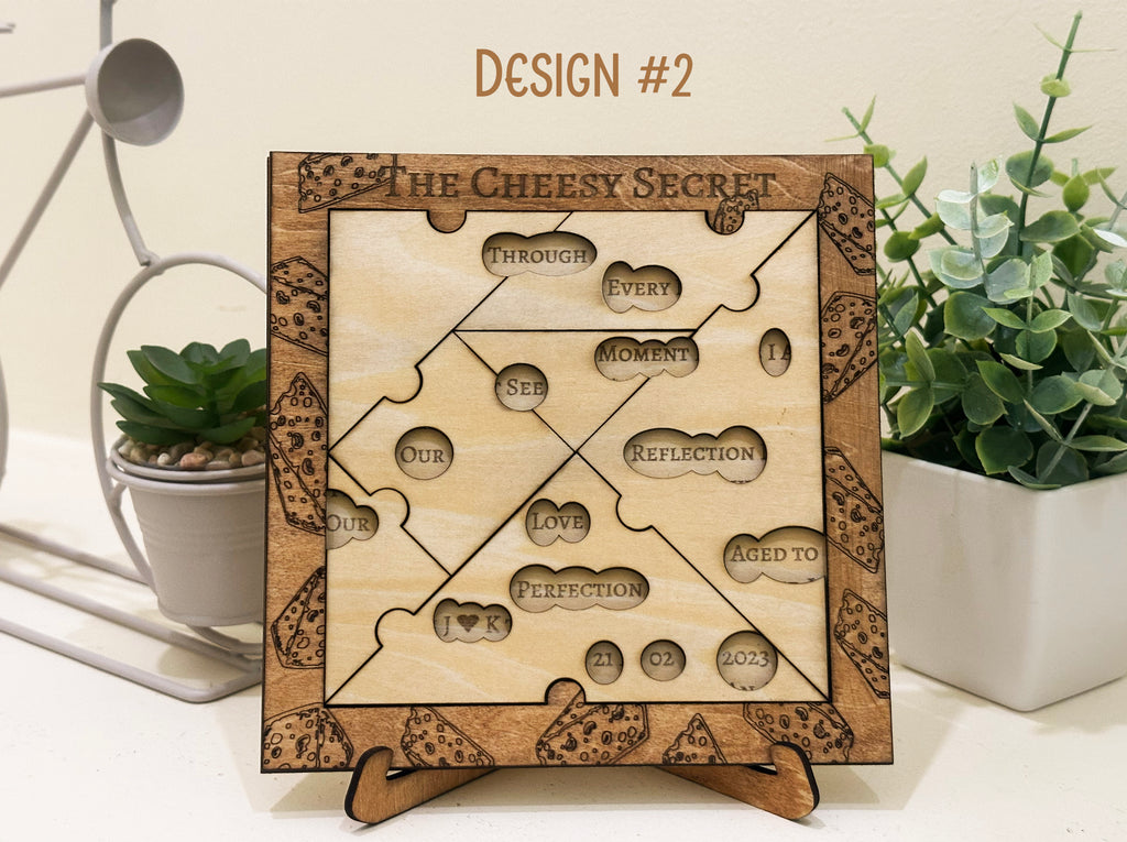Custom romantic Wooden puzzle with engraved design on a stand