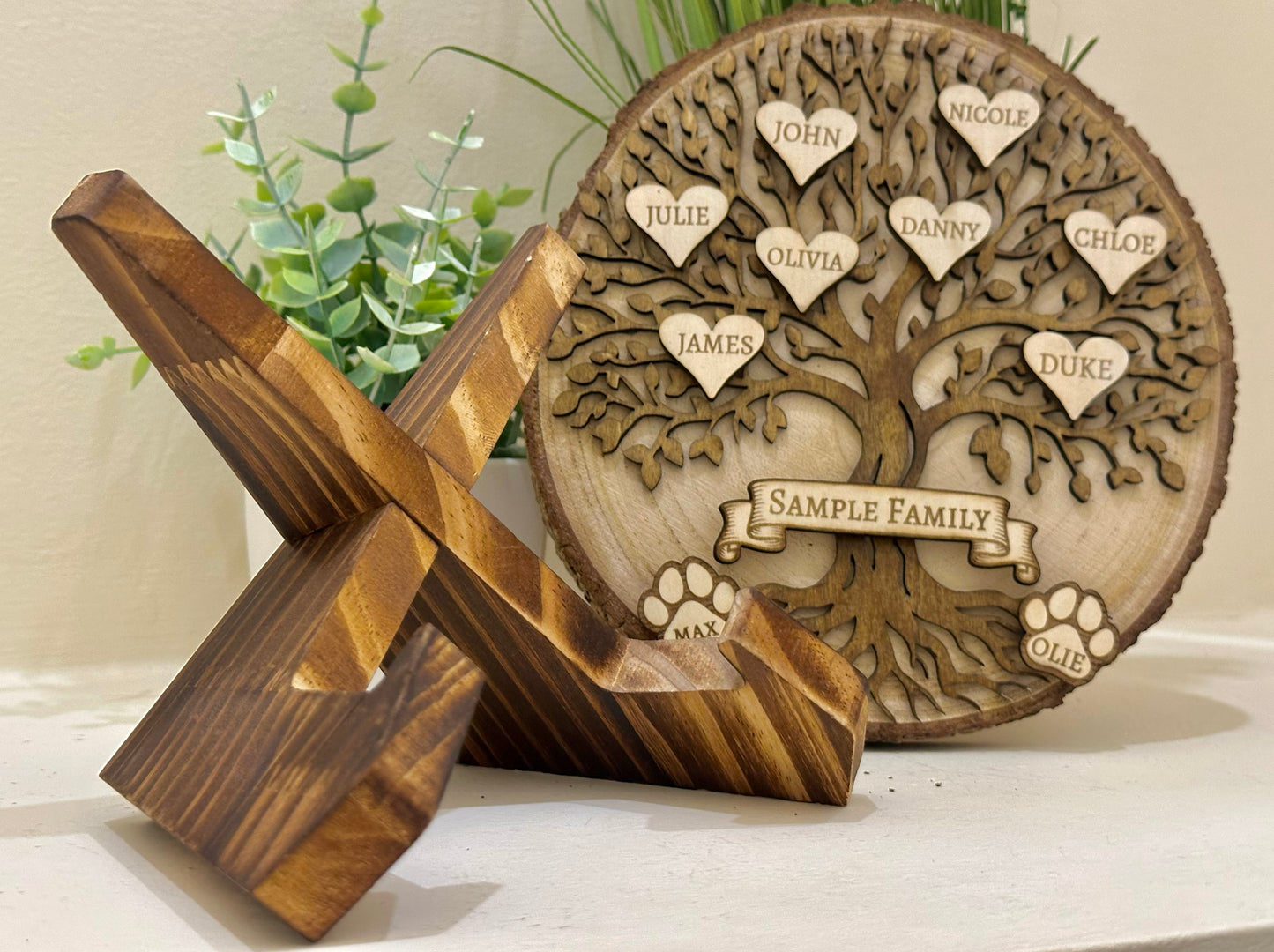 Wooden family tree with unique rustic wooden stand