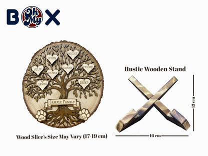 Wooden family tree decoration with rustic wooden stand and product dimensions on a white background.