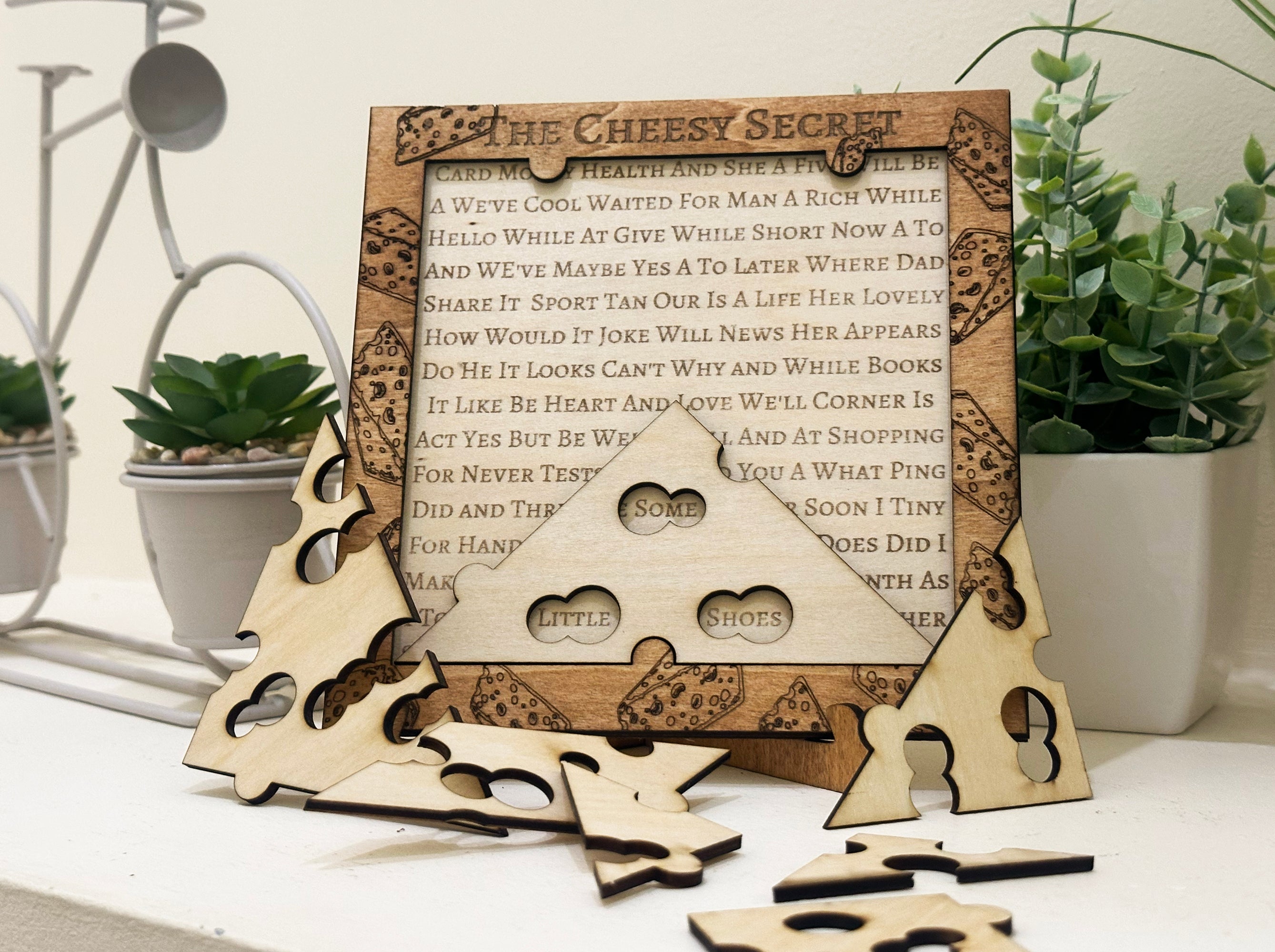 Wooden photo frame with cut-out shapes and decorative text Personalised Anniversary Puzzle Romantic Gift for Couples & Cheese-Themed Scavenger Hunt | Handcrafted Wooden Keepsake