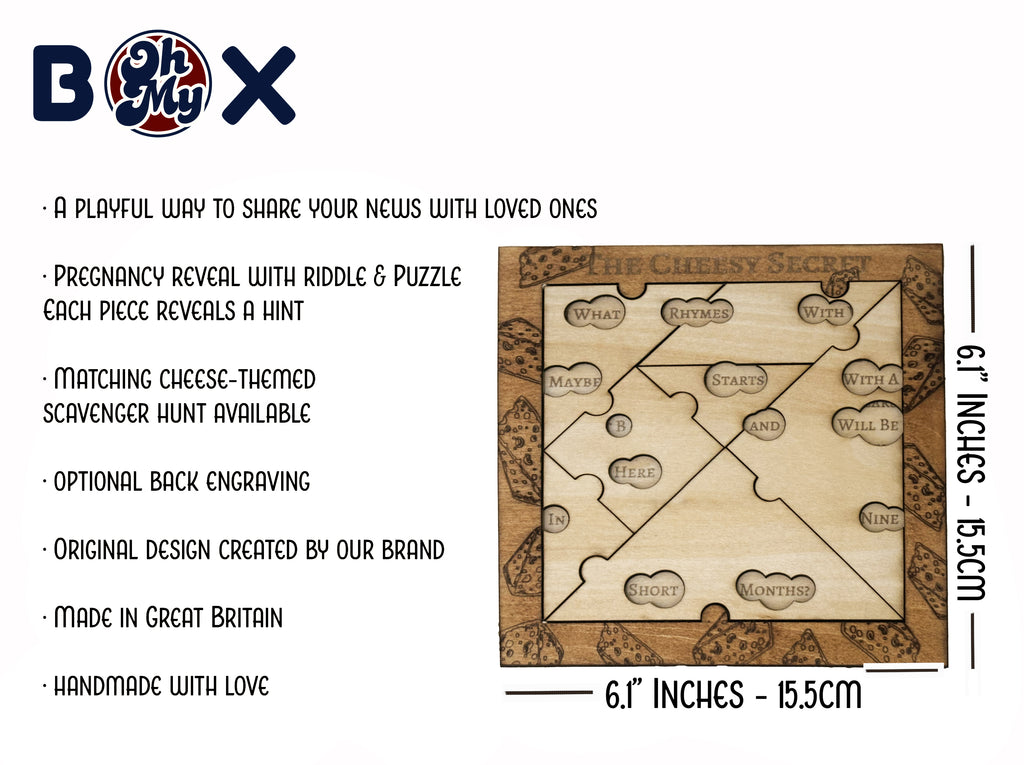 Wooden puzzle box with riddle and puzzle, featuring Oh My Box branding and product details.