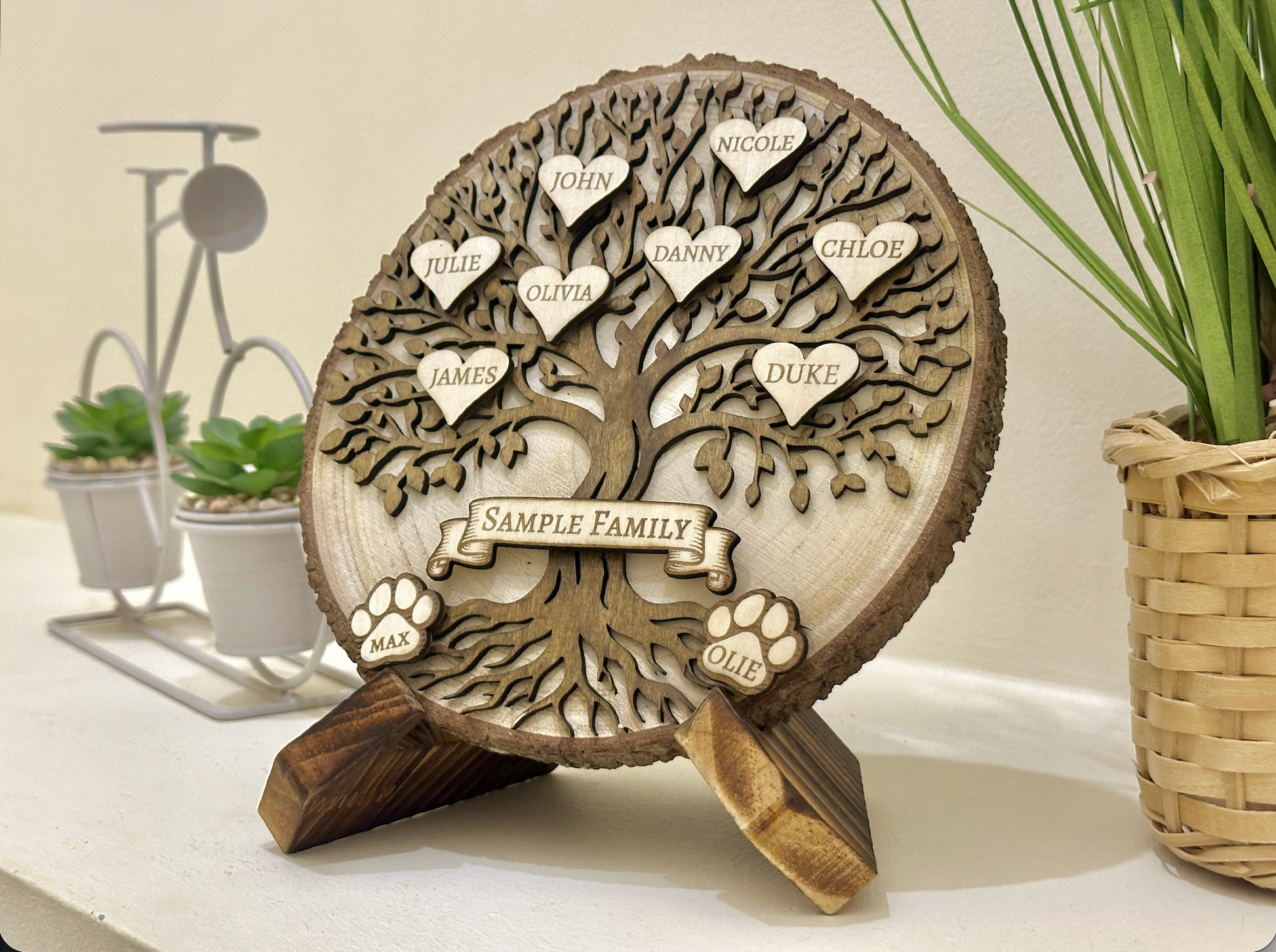 personalized Wooden family tree with engraved names on a  rustic stand