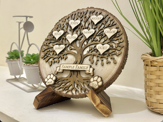 personalized Wooden family tree with engraved names on a  rustic stand