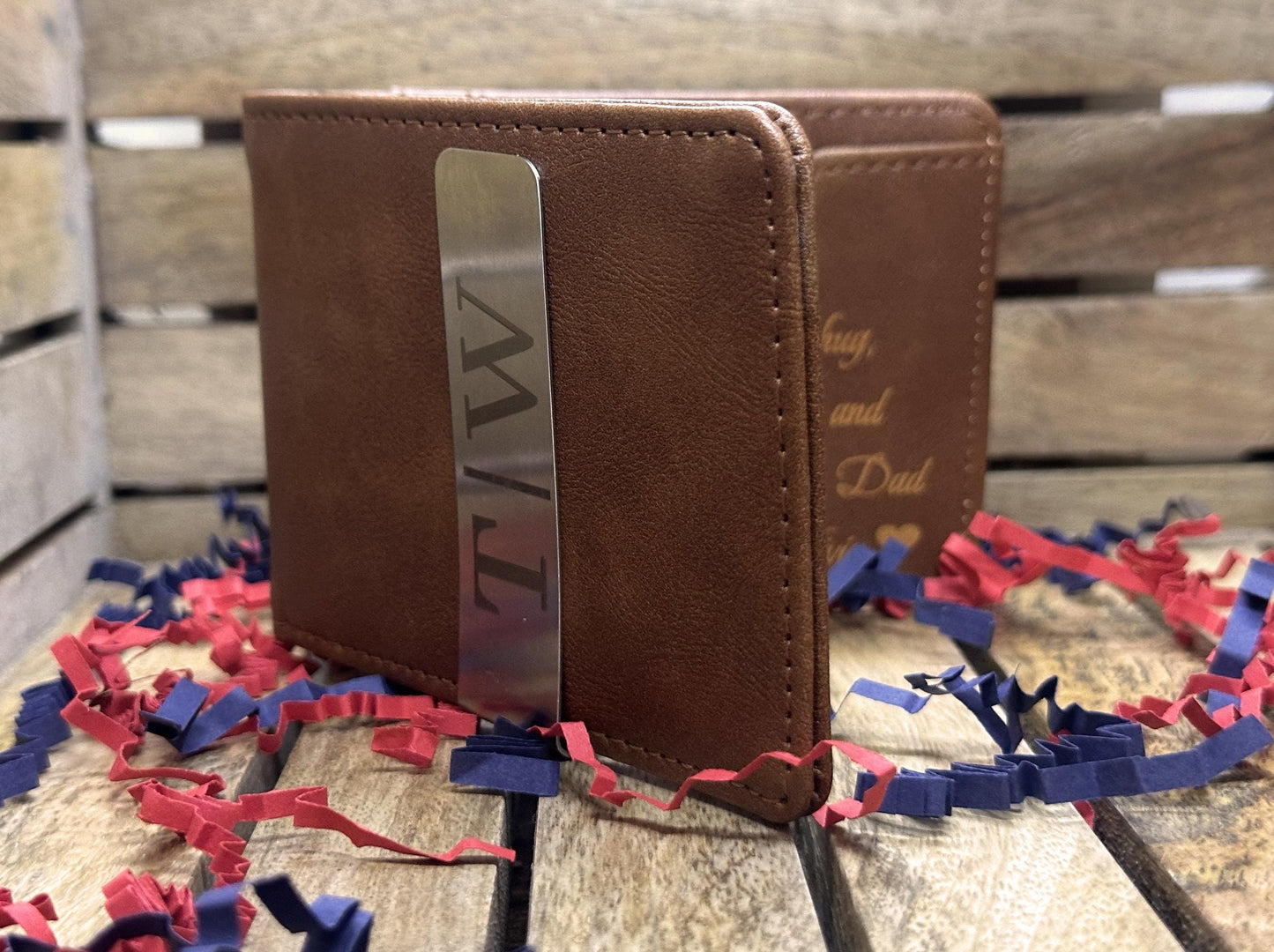 Personalized Faux Tan Leather Slim Wallet | Custom Photo & Text Engraved Wallet