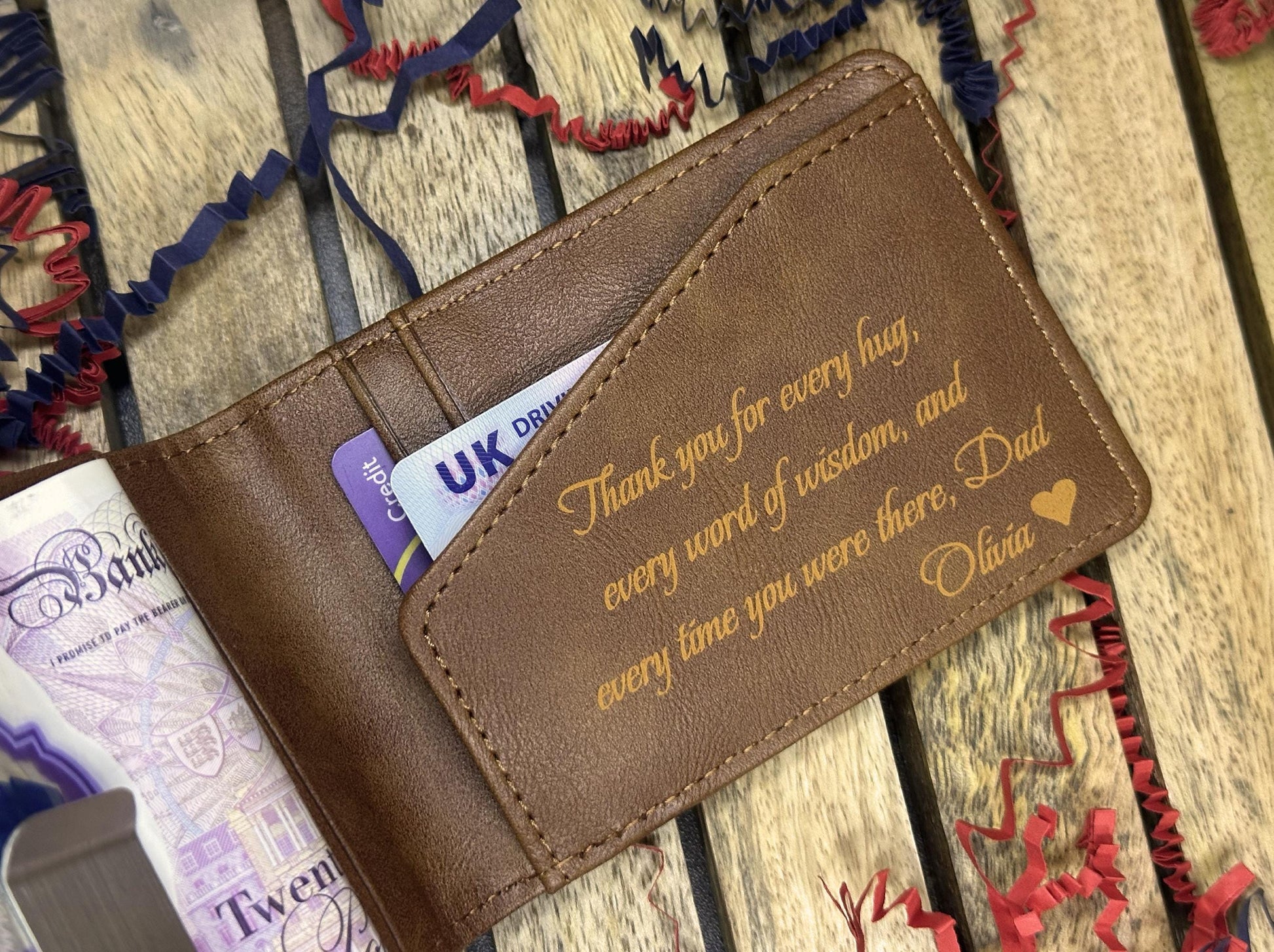 Personalized Faux Tan Leather Slim Wallet | Custom Photo & Text Engraved Wallet