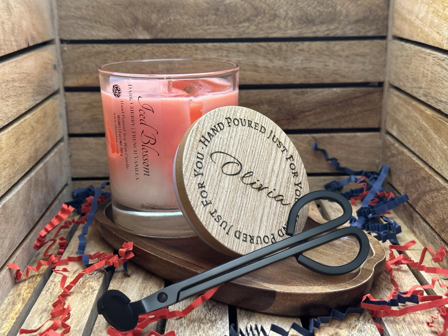 Iced Blossom Luxury Candle Set with Scissors and Tray | Personalized Engraved Lid | Hand-poured Vegan Soy Wax