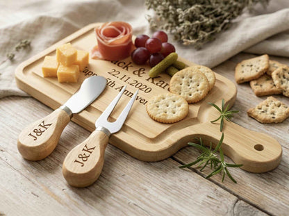 Personalised Mini Cheese Board with Utensils | Custom Engraved Text + Initials | Charcuterie Gift | Housewarming Gift