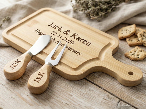 Personalised Mini Cheese Board with Utensils | Custom Engraved Text + Initials | Charcuterie Gift | Housewarming Gift