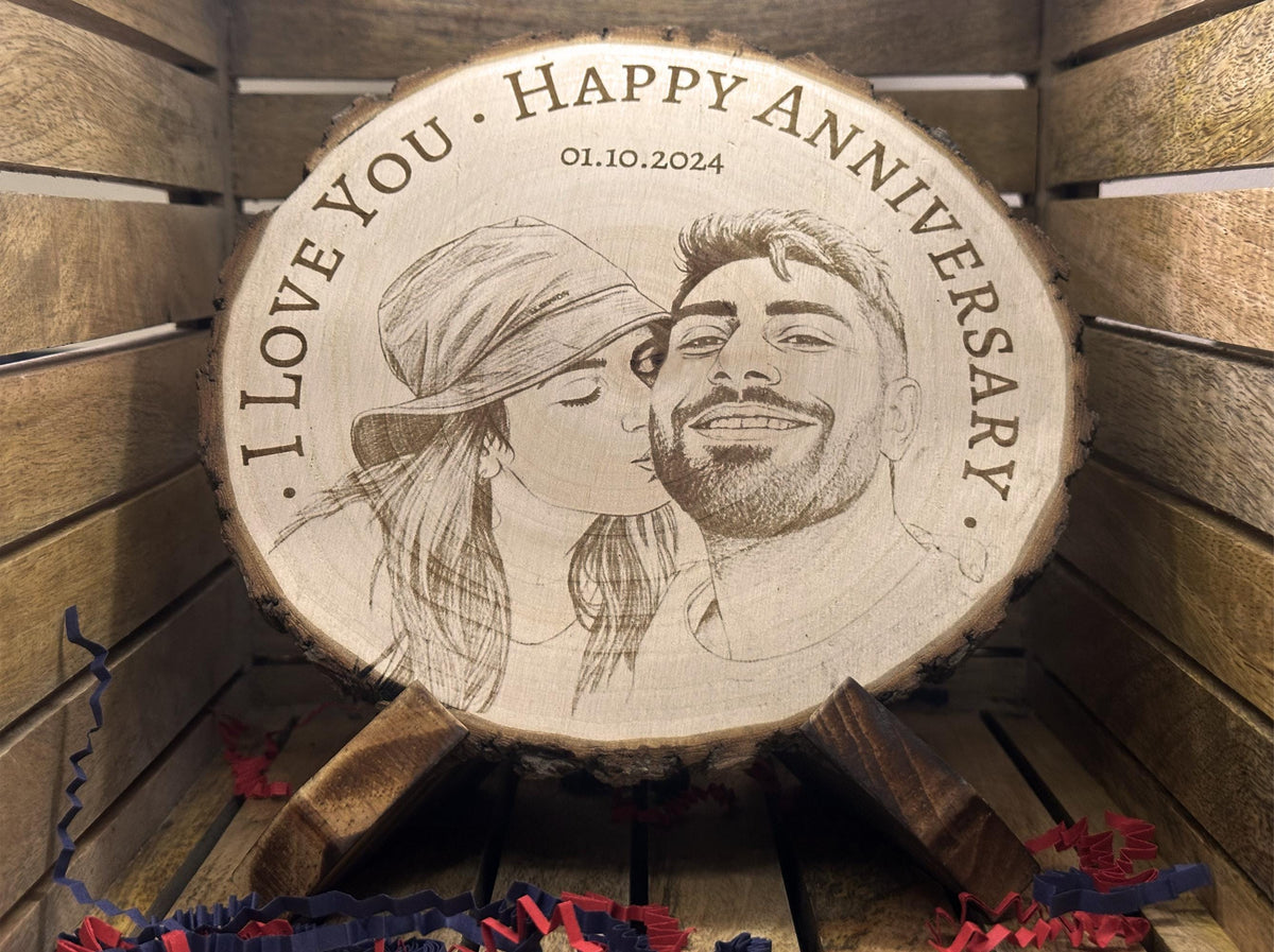 Custom Photo Wood Slice Keepsake | Engraved Pine Wood with Live Bark Edges