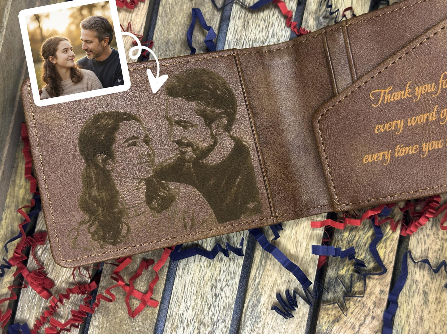 Personalized Faux Tan Leather Slim Wallet | Custom Photo & Text Engraved Wallet