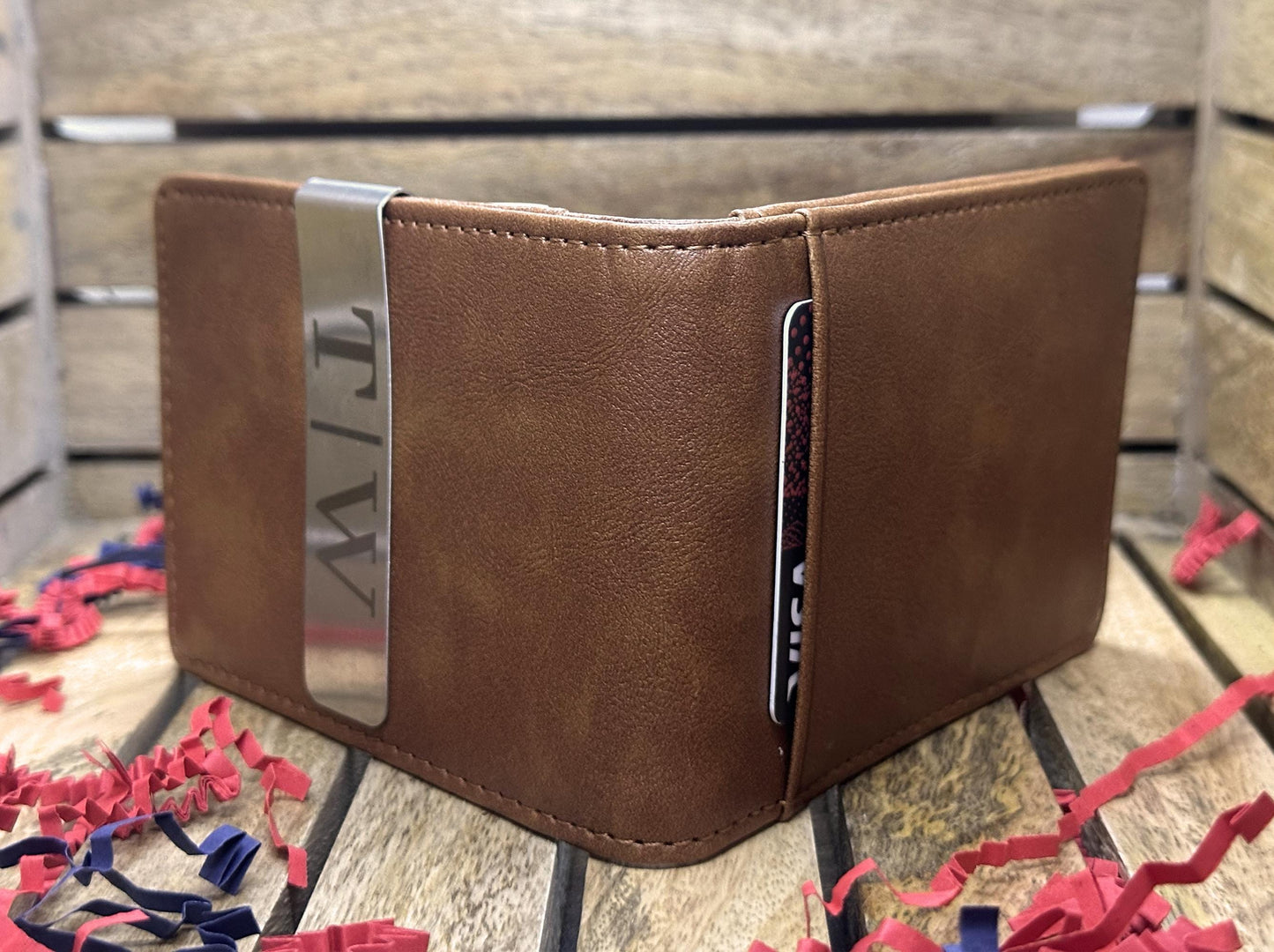 Personalized Faux Tan Leather Slim Wallet | Custom Photo & Text Engraved Wallet