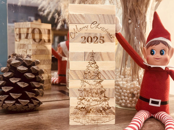 Personalized Photo Tumbling Tower Puzzle | Christmas Edition Brain Teaser | Engraved Wooden Keepsake