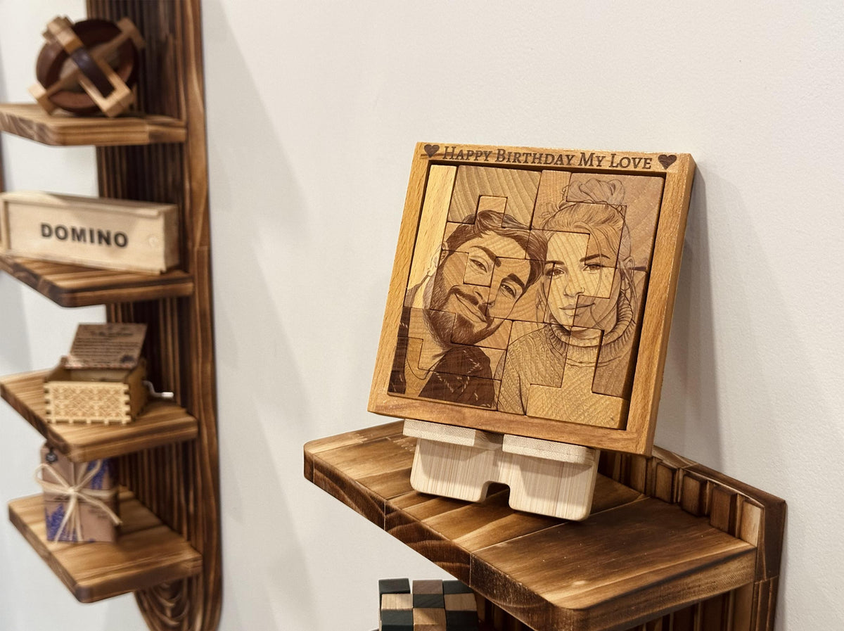 Personalized Wooden Photo Puzzle | Custom Engraved Basswood Keepsake (12.4x12.4 cm)