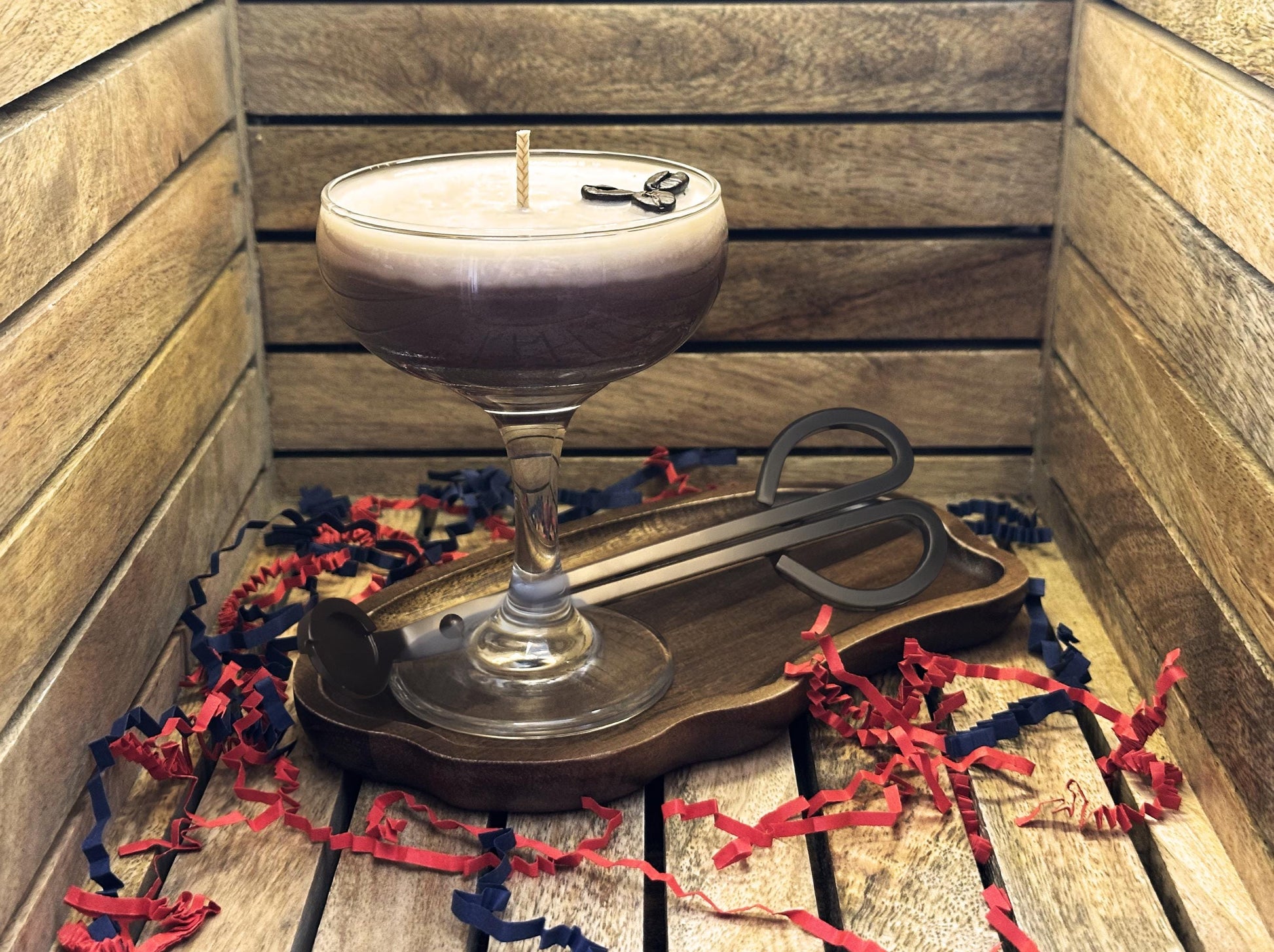 Espresso Martini Cocktail Luxury Candle Set with Scissors and Tray | Miniature Reusable Cocktail Glass | Hand-poured Vegan Soy Wax |