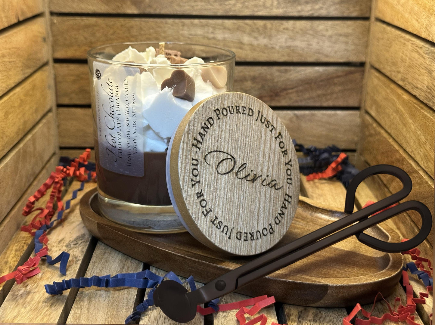 Hot Chocolate Luxury Candle Set with Scissors and Tray | Personalized Engraved Lid | Hand-poured Vegan Soy Wax |