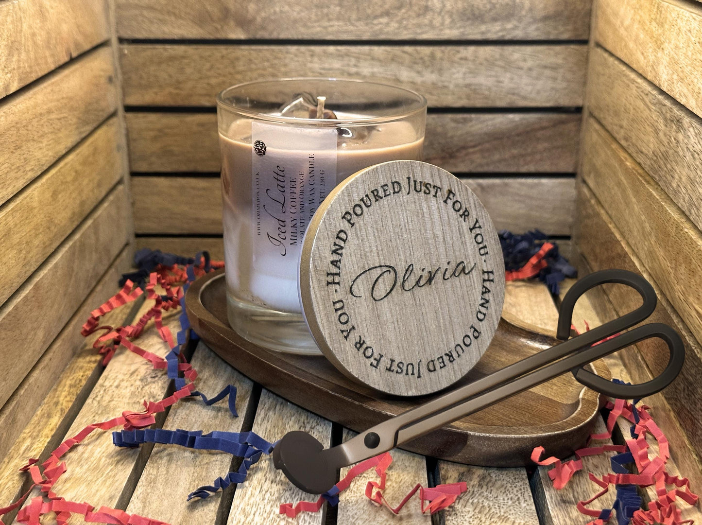 Iced Latte Luxury Candle Set with Scissors and Tray | Personalized Engraved Lid | Hand-poured Vegan Soy Wax |