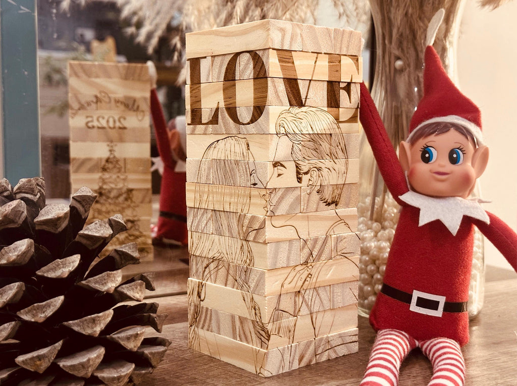 Personalized Photo Tumbling Tower Puzzle | Christmas Edition Brain Teaser | Engraved Wooden Keepsake