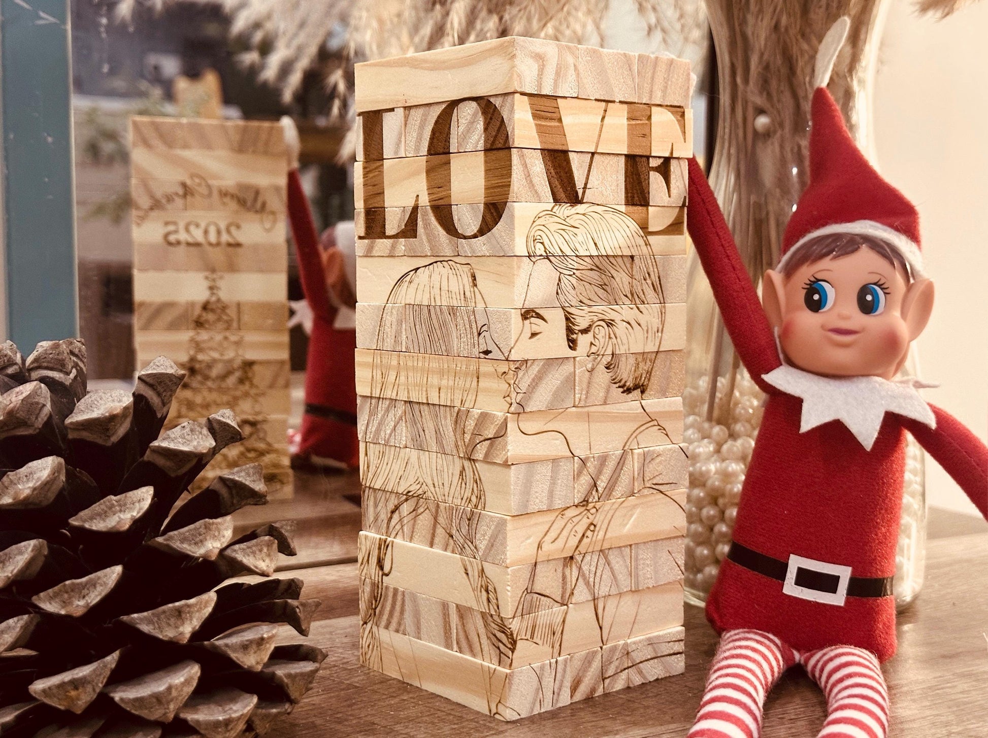 Personalized Photo Tumbling Tower Puzzle | Christmas Edition Brain Teaser | Engraved Wooden Keepsake