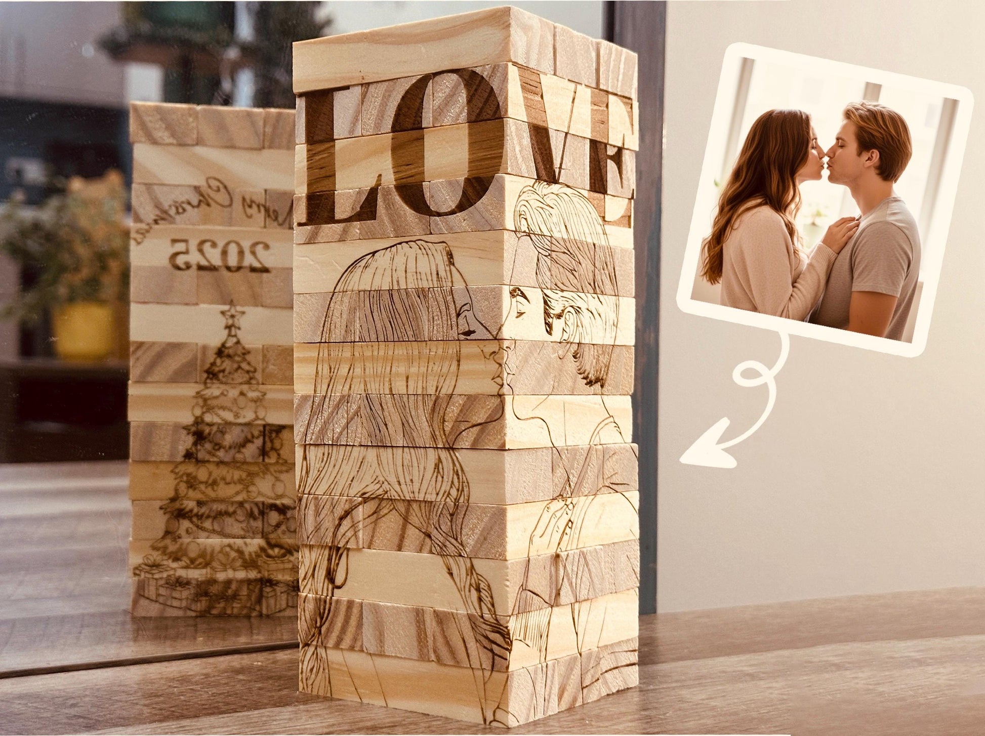 Personalized Photo Tumbling Tower Puzzle | Christmas Edition Brain Teaser | Engraved Wooden Keepsake