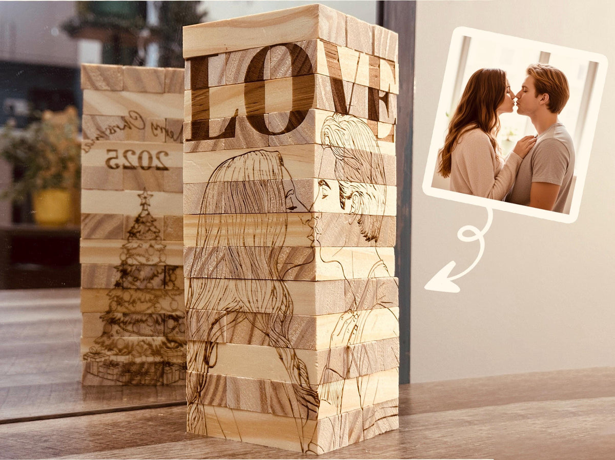 Personalized Photo Tumbling Tower Puzzle | Christmas Edition Brain Teaser | Engraved Wooden Keepsake