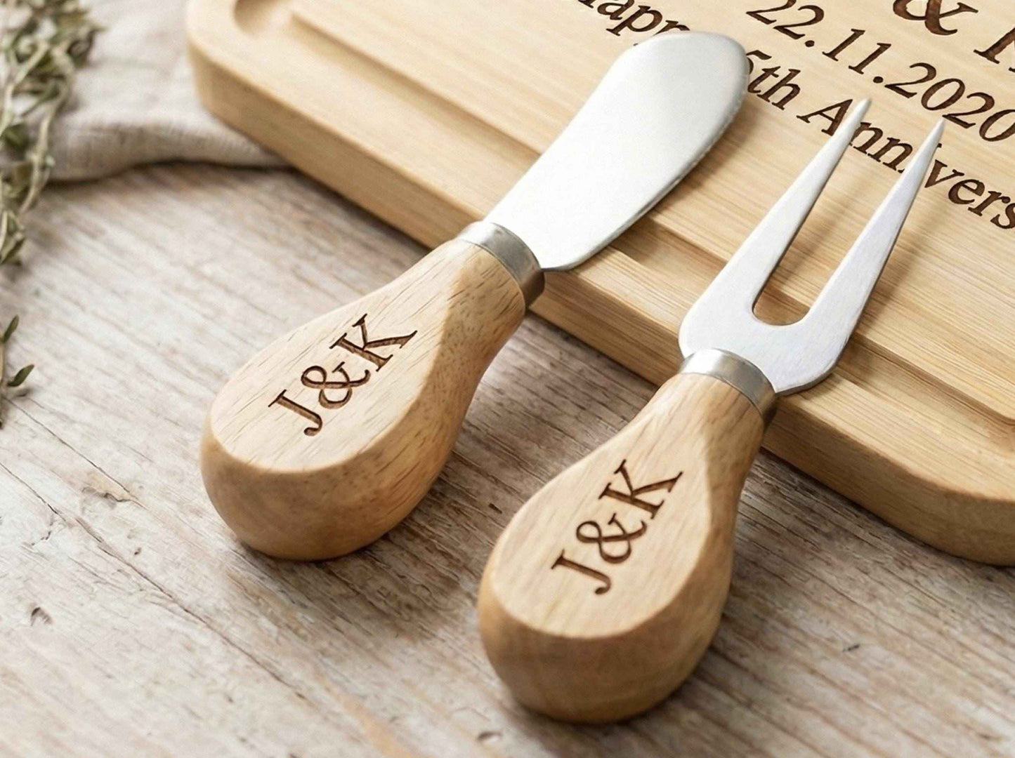 Personalised Mini Cheese Board with Utensils | Custom Engraved Text + Initials | Charcuterie Gift | Housewarming Gift