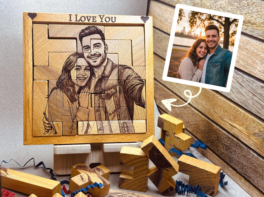 Personalized Wooden Photo Puzzle | Custom Engraved Basswood Keepsake (12.4x12.4 cm)