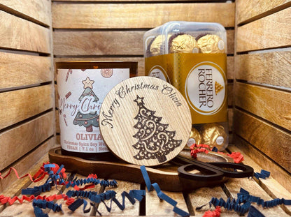 Personalised Christmas Scented Candle Gift Set with Chocolates, Custom Name Engraved on the Lid, Gift For Her