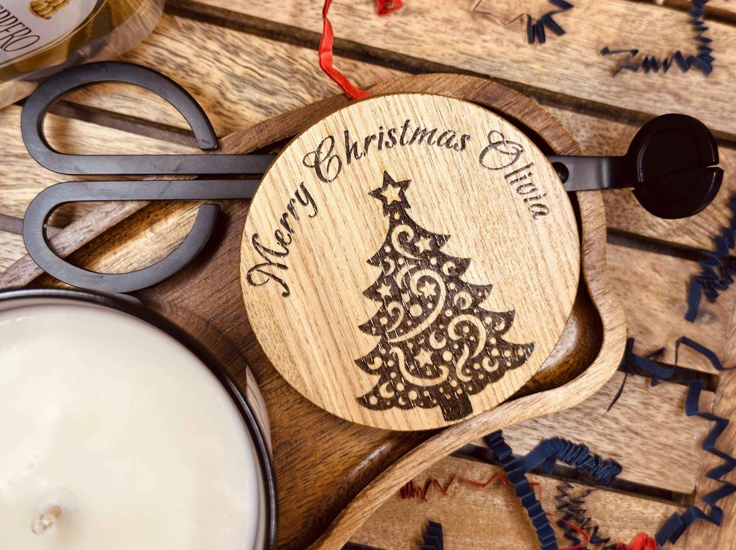 Personalised Christmas Scented Candle Gift Set with Chocolates, Custom Name Engraved on the Lid, Gift For Her