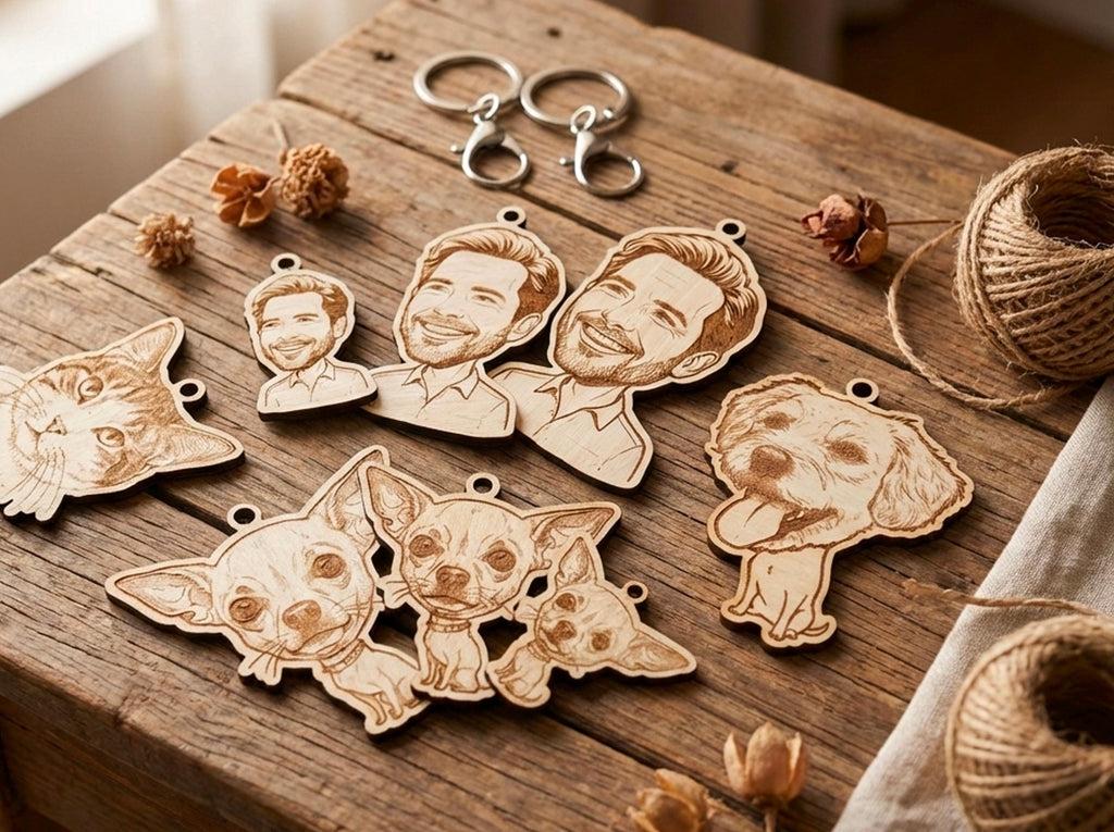 Personalised Caricature Photo Keychain | Custom Engraved Wooden Bobblehead Keyring Gift