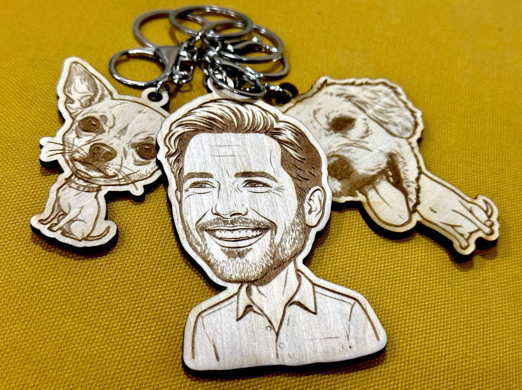 Personalised Caricature Photo Keychain | Custom Engraved Wooden Bobblehead Keyring Gift