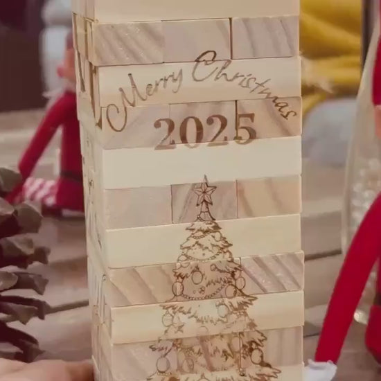 Personalized Photo Tumbling Tower Puzzle | Christmas Edition Brain Teaser | Engraved Wooden Keepsake